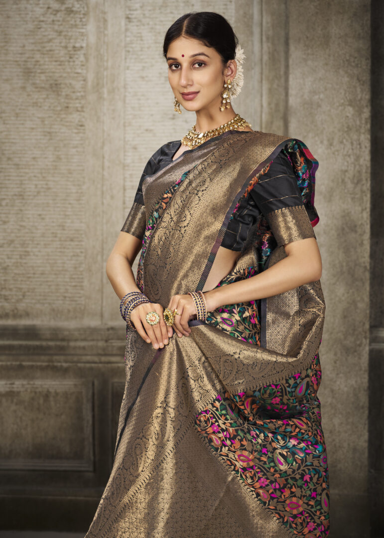 Aroma Ebony Black Woven Banarasi Art Silk Saree