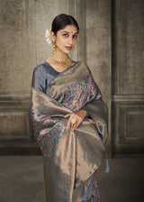 Aroma Glacier Grey Woven Banarasi Art Silk Saree