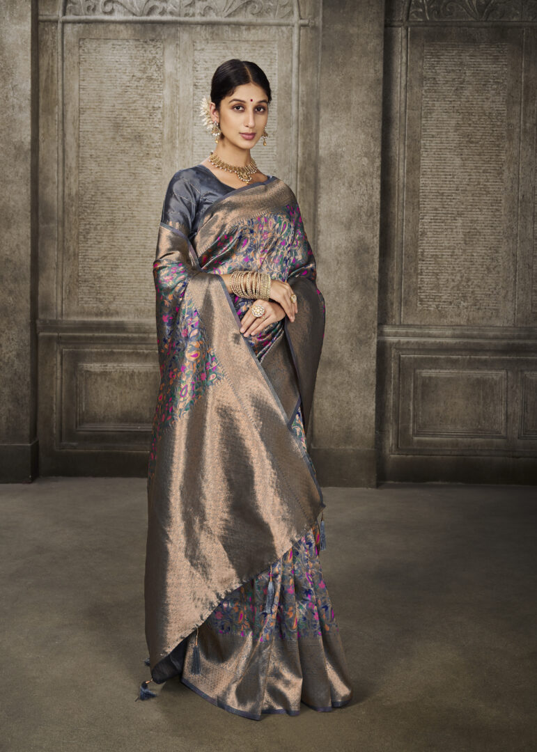 Aroma Glacier Grey Woven Banarasi Art Silk Saree