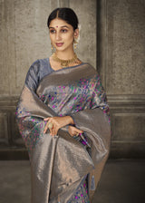 Aroma Glacier Grey Woven Banarasi Art Silk Saree
