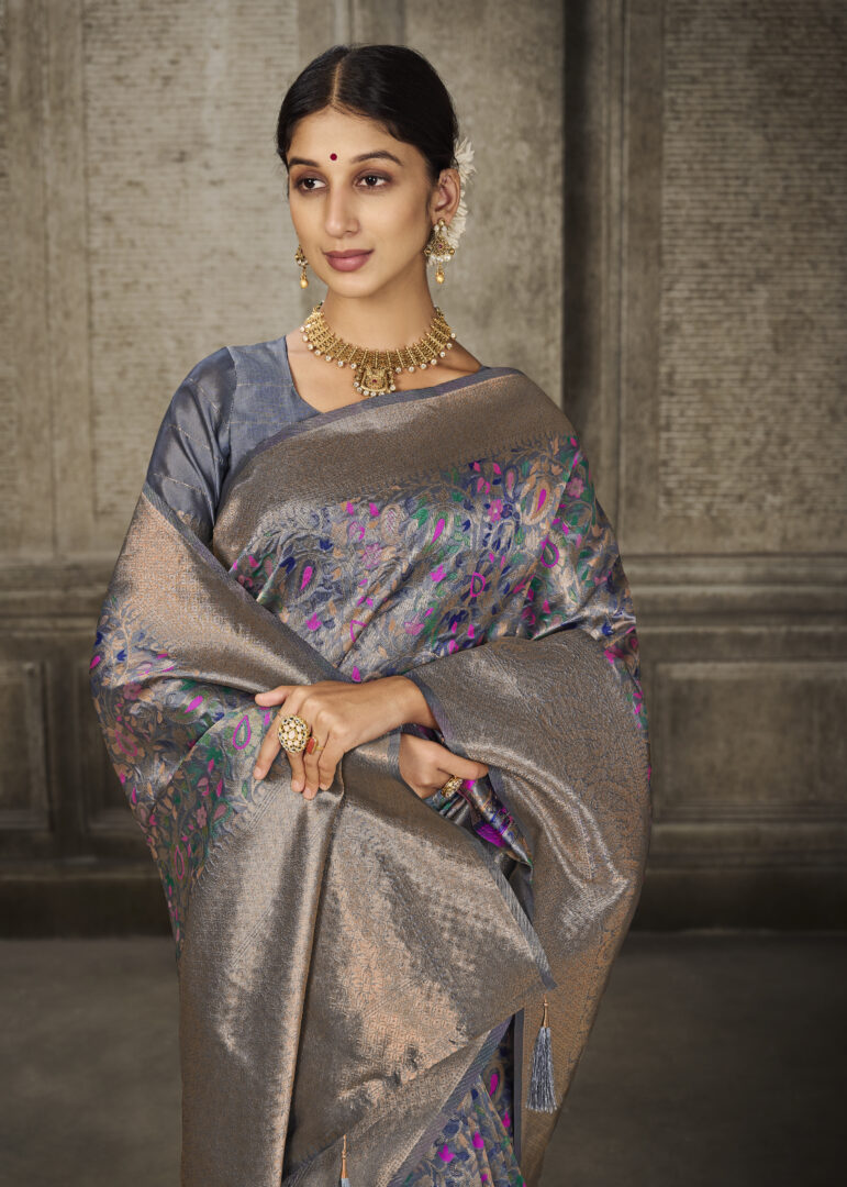 Aroma Glacier Grey Woven Banarasi Art Silk Saree