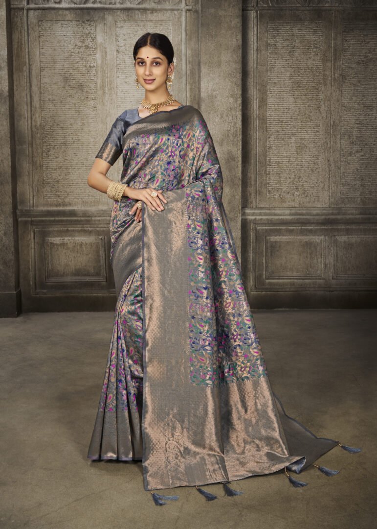 Aroma Glacier Grey Woven Banarasi Art Silk Saree