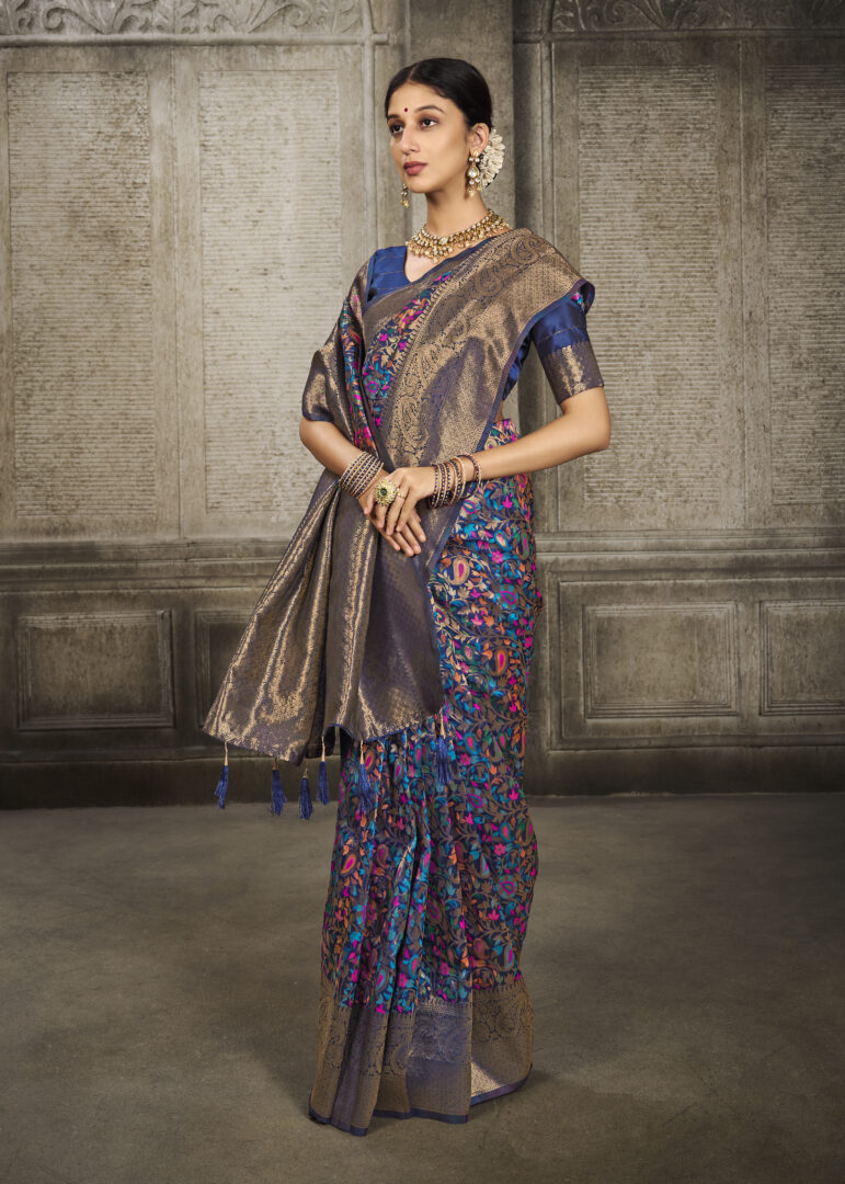 Aroma Peacock Blue Woven Banarasi Art Silk Saree