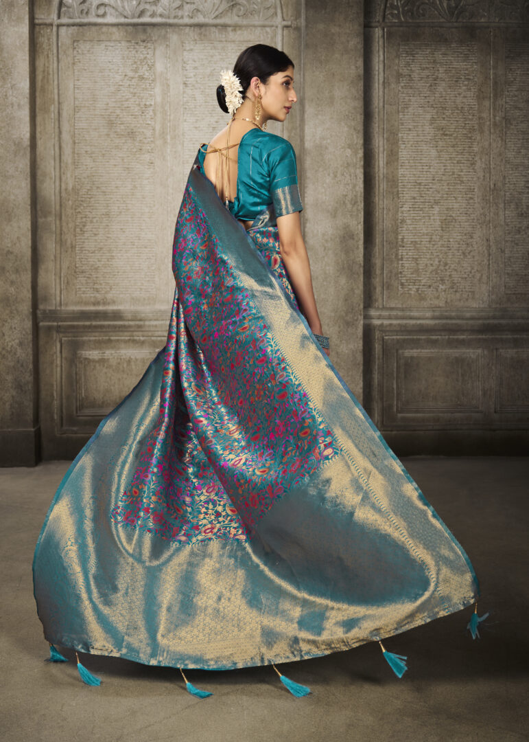 Aroma Misty Teal Blue Woven Banarasi Art Silk Saree