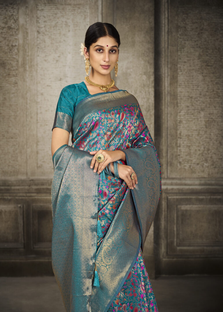 Aroma Misty Teal Blue Woven Banarasi Art Silk Saree