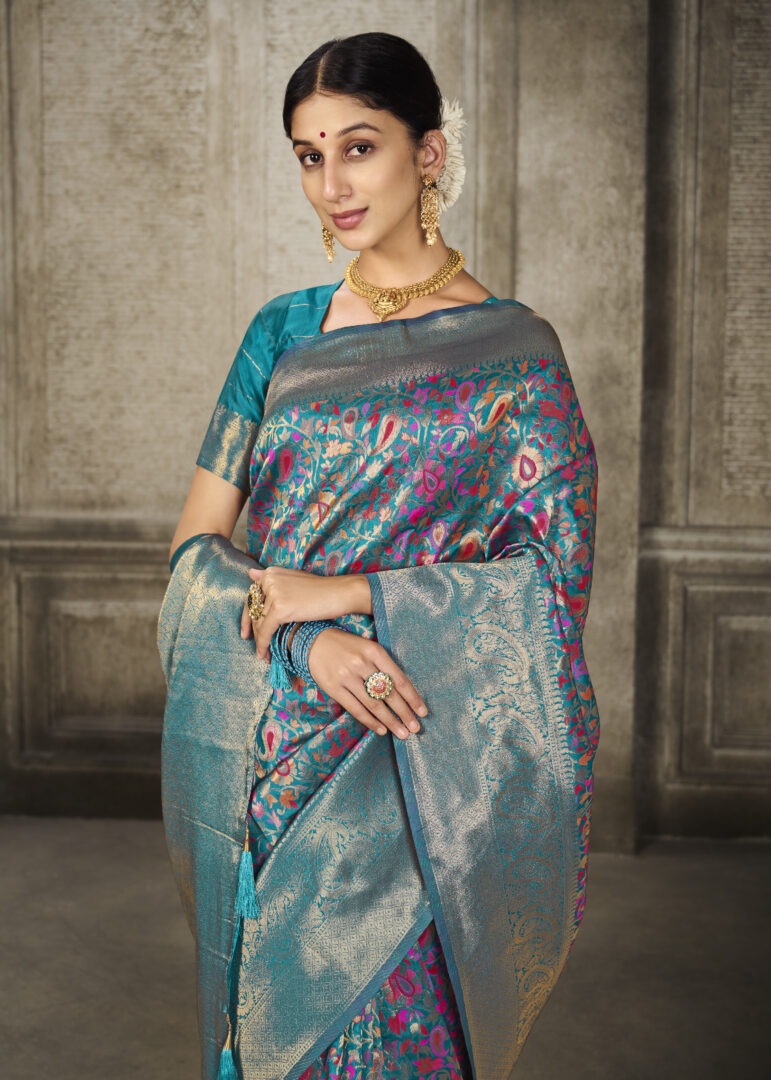 Aroma Misty Teal Blue Woven Banarasi Art Silk Saree