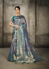 Aroma Misty Teal Blue Woven Banarasi Art Silk Saree