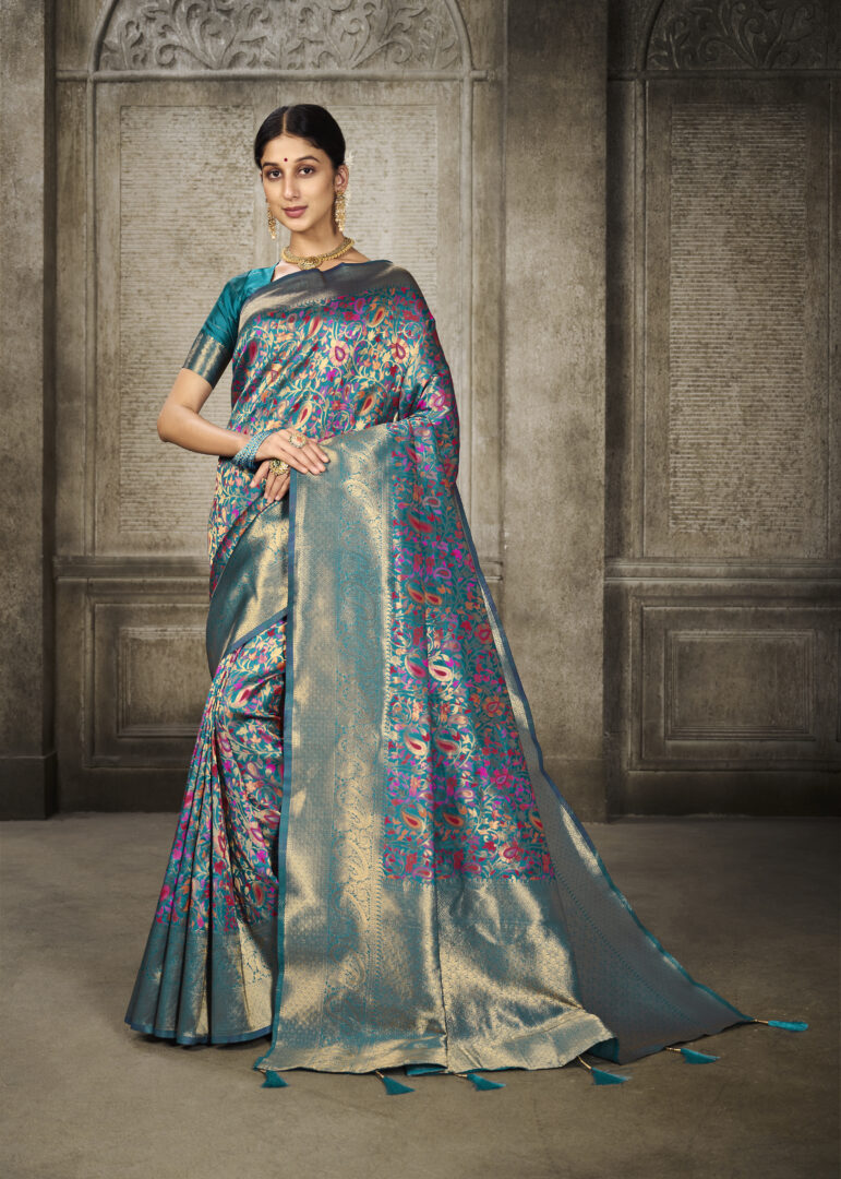Aroma Misty Teal Blue Woven Banarasi Art Silk Saree