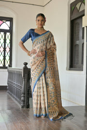 Beige & Navy Soft Tussar Silk Madhubani Printed Saree
