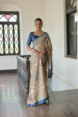 Beige & Navy Soft Tussar Silk Madhubani Printed Saree