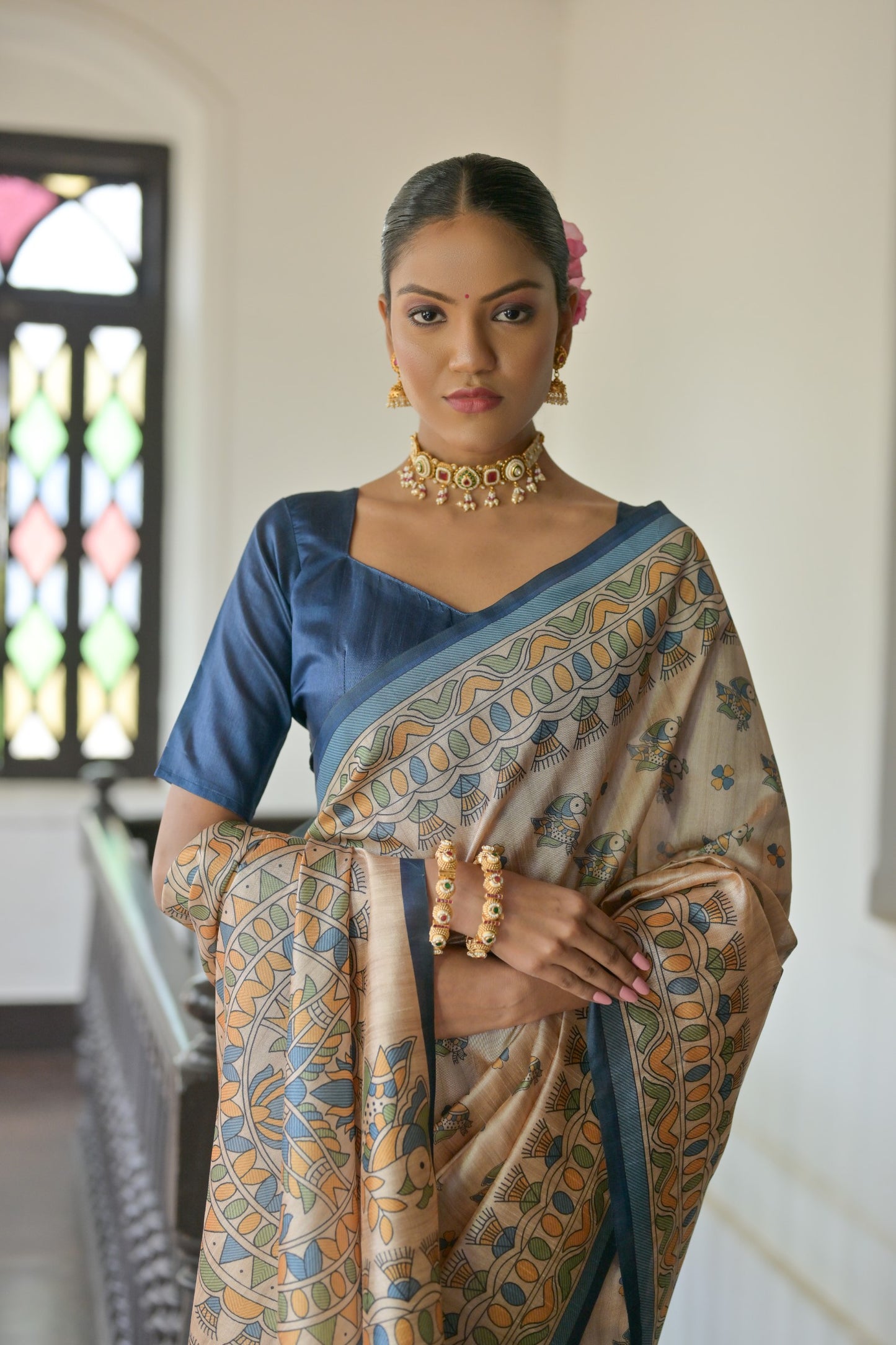 Beige & Navy Soft Tussar Silk Madhubani Printed Saree
