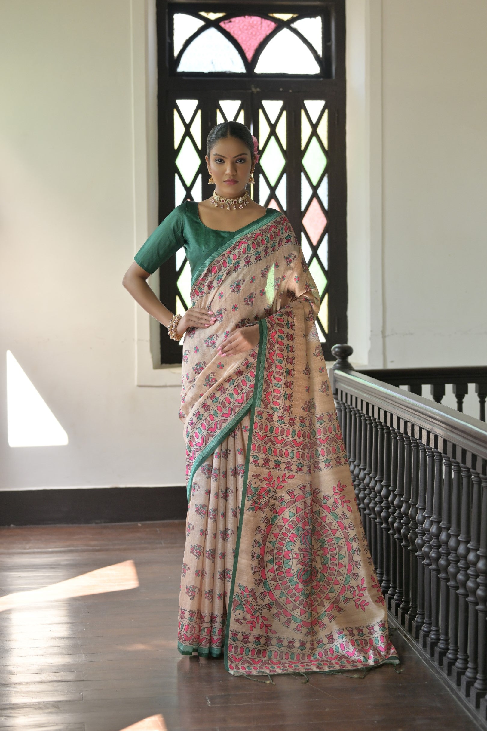 Beige & Green Soft Tussar Silk Madhubani Printed Saree