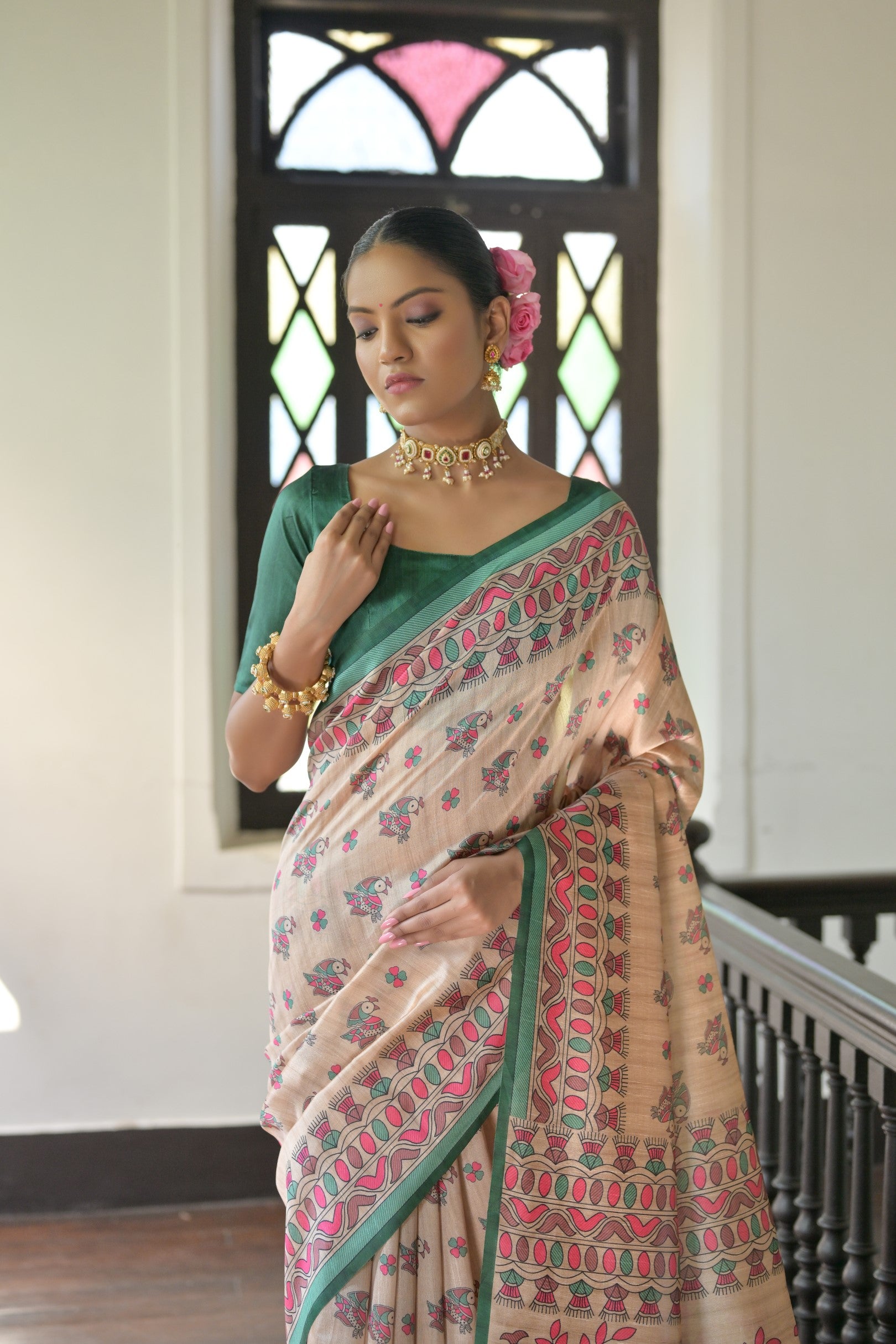 Beige & Green Soft Tussar Silk Madhubani Printed Saree