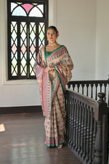 Beige & Green Soft Tussar Silk Madhubani Printed Saree