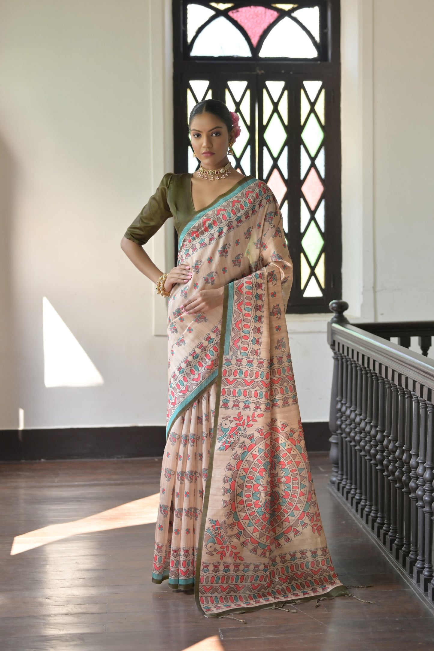 Beige & Olive Green Soft Tussar Silk Madhubani Printed Saree