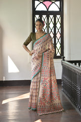 Beige & Olive Green Soft Tussar Silk Madhubani Printed Saree