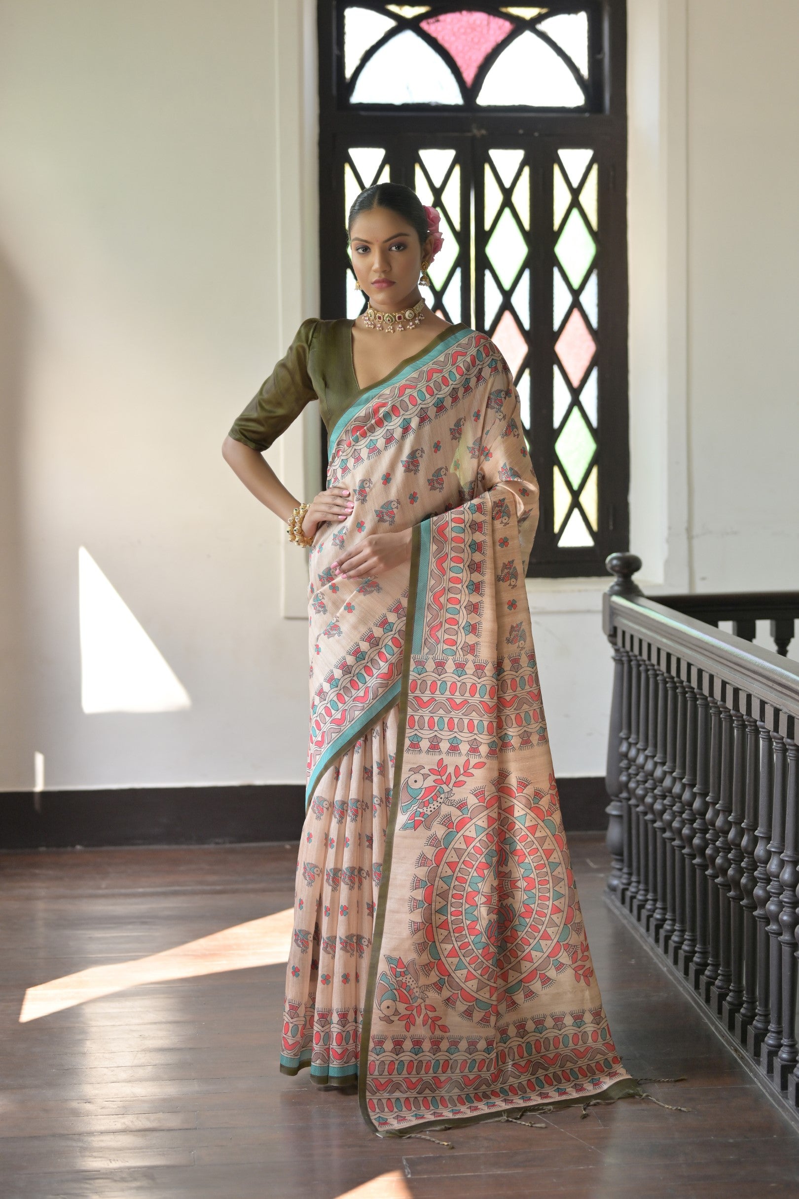 Beige & Olive Green Soft Tussar Silk Madhubani Printed Saree