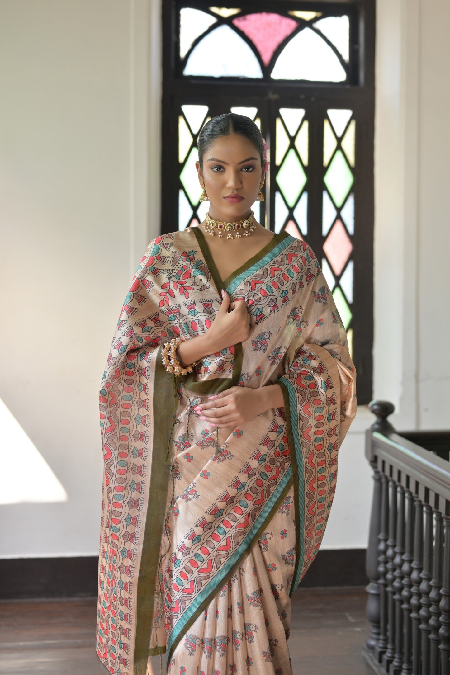 Beige & Olive Green Soft Tussar Silk Madhubani Printed Saree