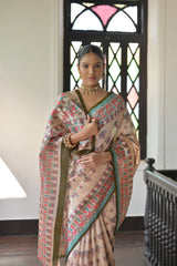 Beige & Olive Green Soft Tussar Silk Madhubani Printed Saree