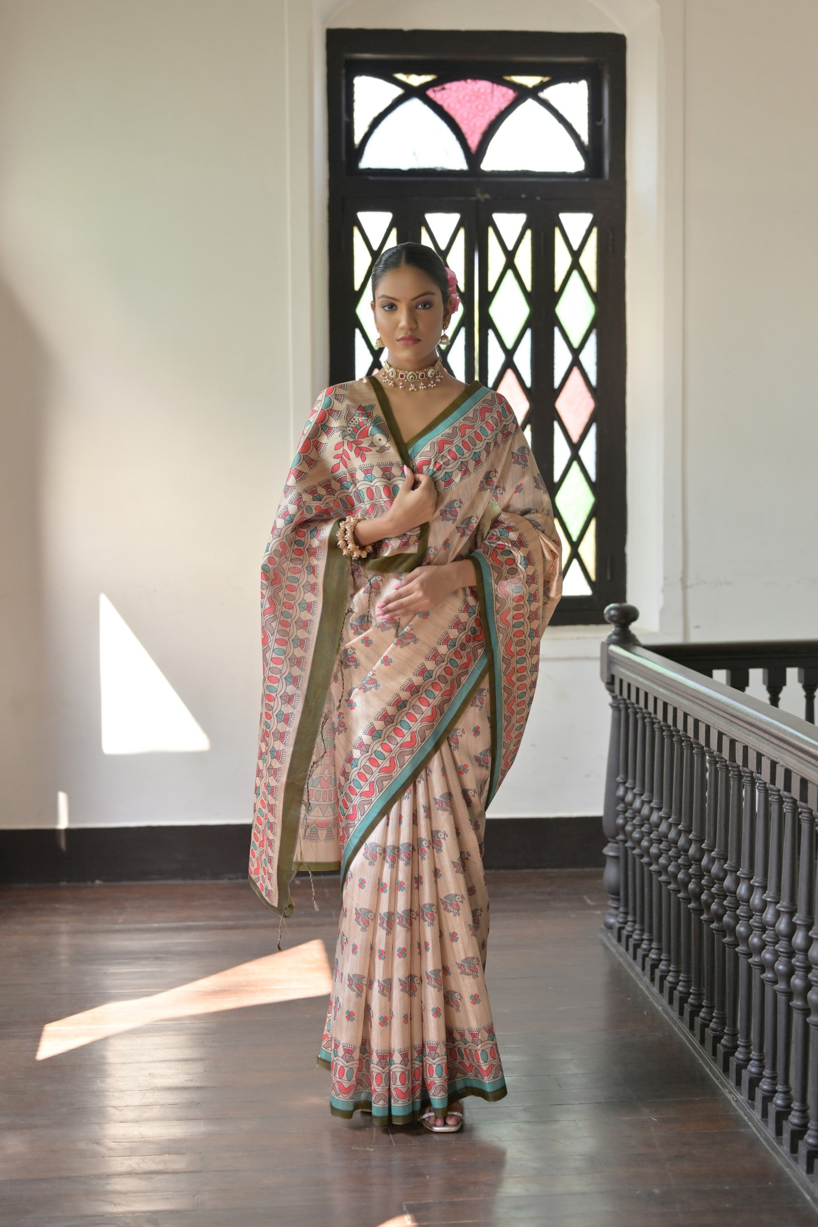 Beige & Olive Green Soft Tussar Silk Madhubani Printed Saree