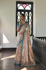 Beige & Cyan Blue Soft Tussar Silk Madhubani Printed Saree