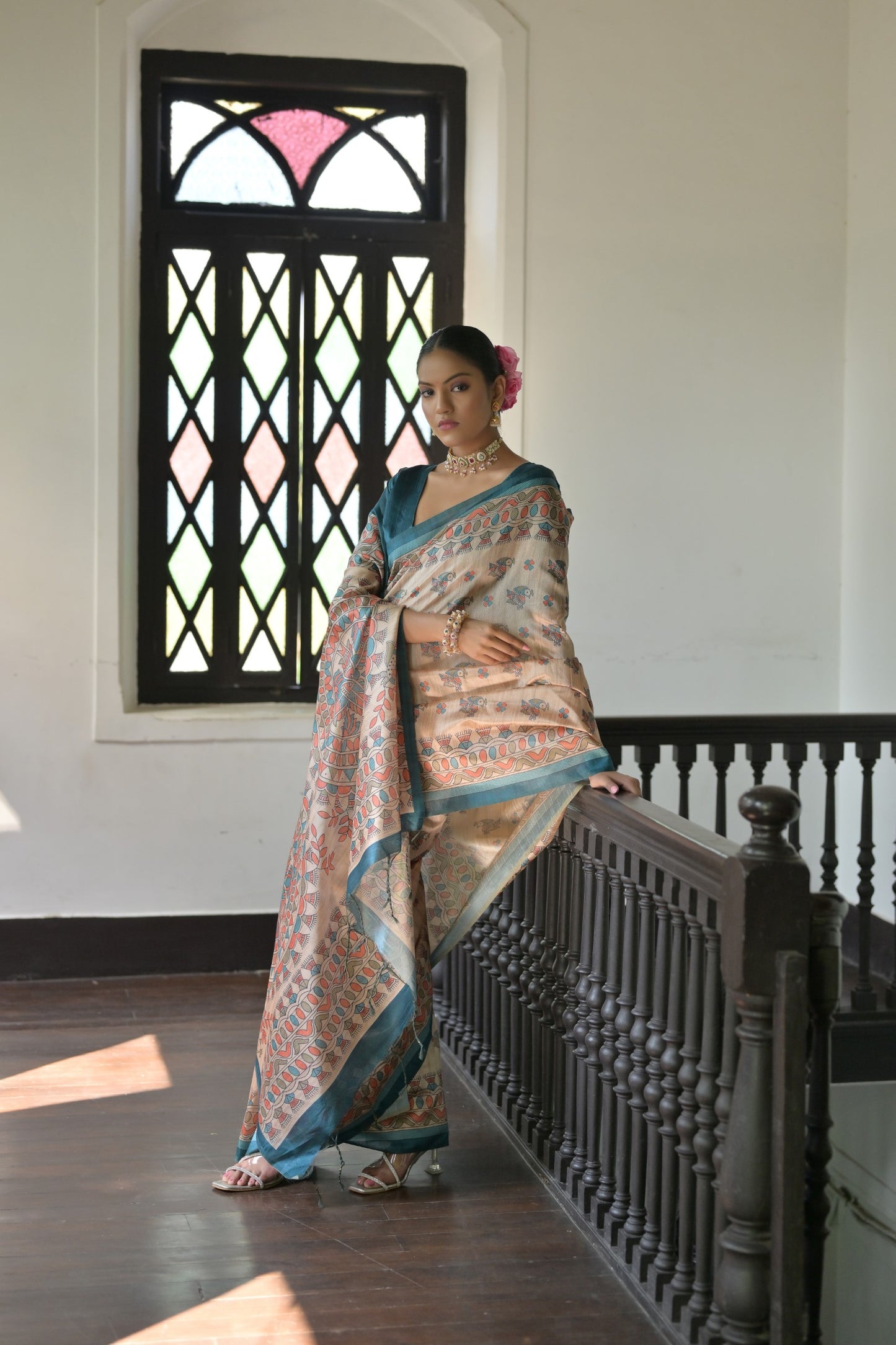 Beige & Cyan Blue Soft Tussar Silk Madhubani Printed Saree