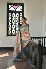 Beige & Cyan Blue Soft Tussar Silk Madhubani Printed Saree