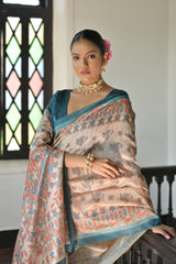 Beige & Cyan Blue Soft Tussar Silk Madhubani Printed Saree
