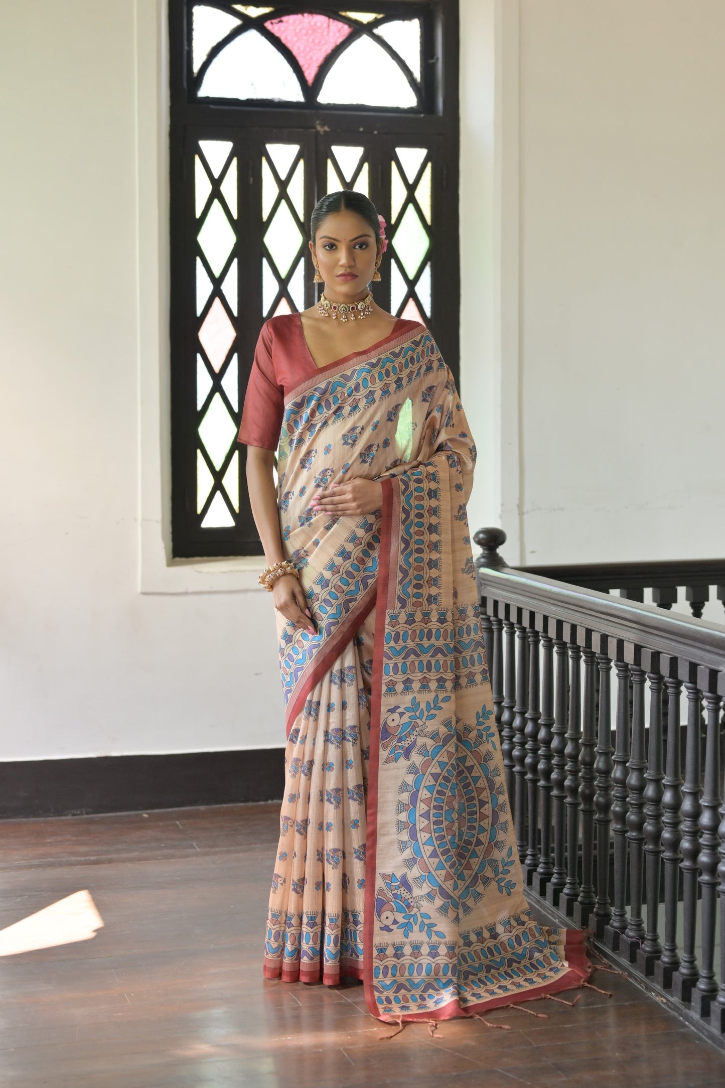 Beige & Red Soft Tussar Silk Madhubani Printed Saree