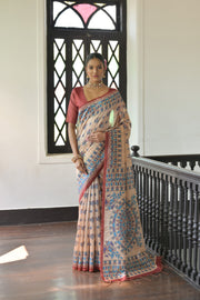 Beige & Red Soft Tussar Silk Madhubani Printed Saree