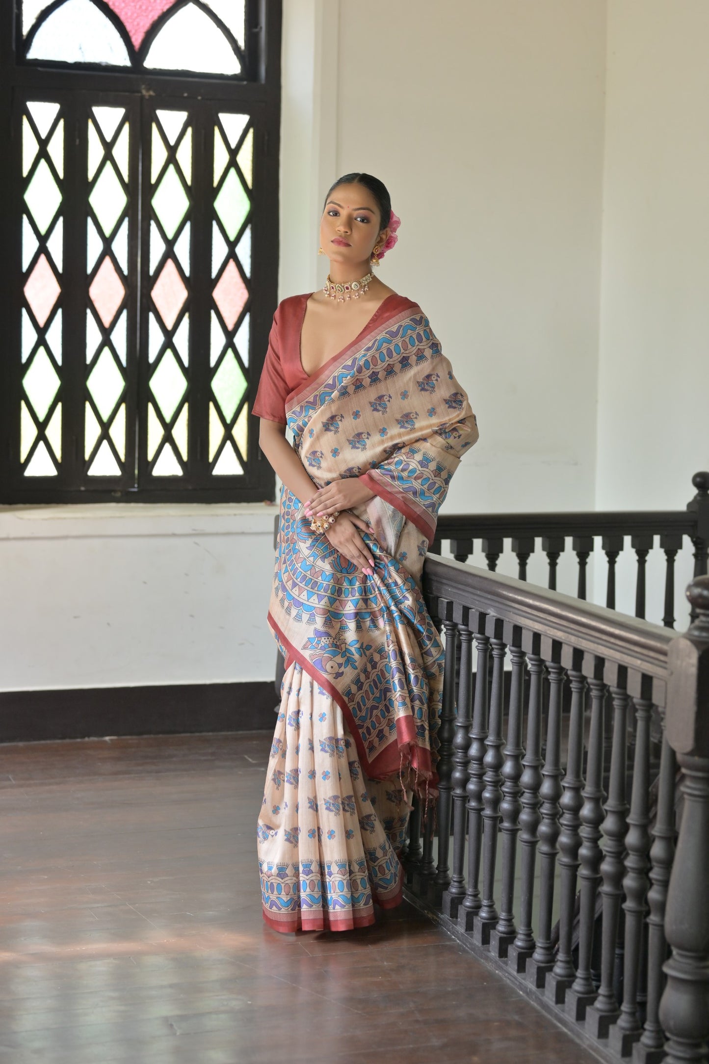Beige & Red Soft Tussar Silk Madhubani Printed Saree