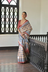 Beige & Red Soft Tussar Silk Madhubani Printed Saree