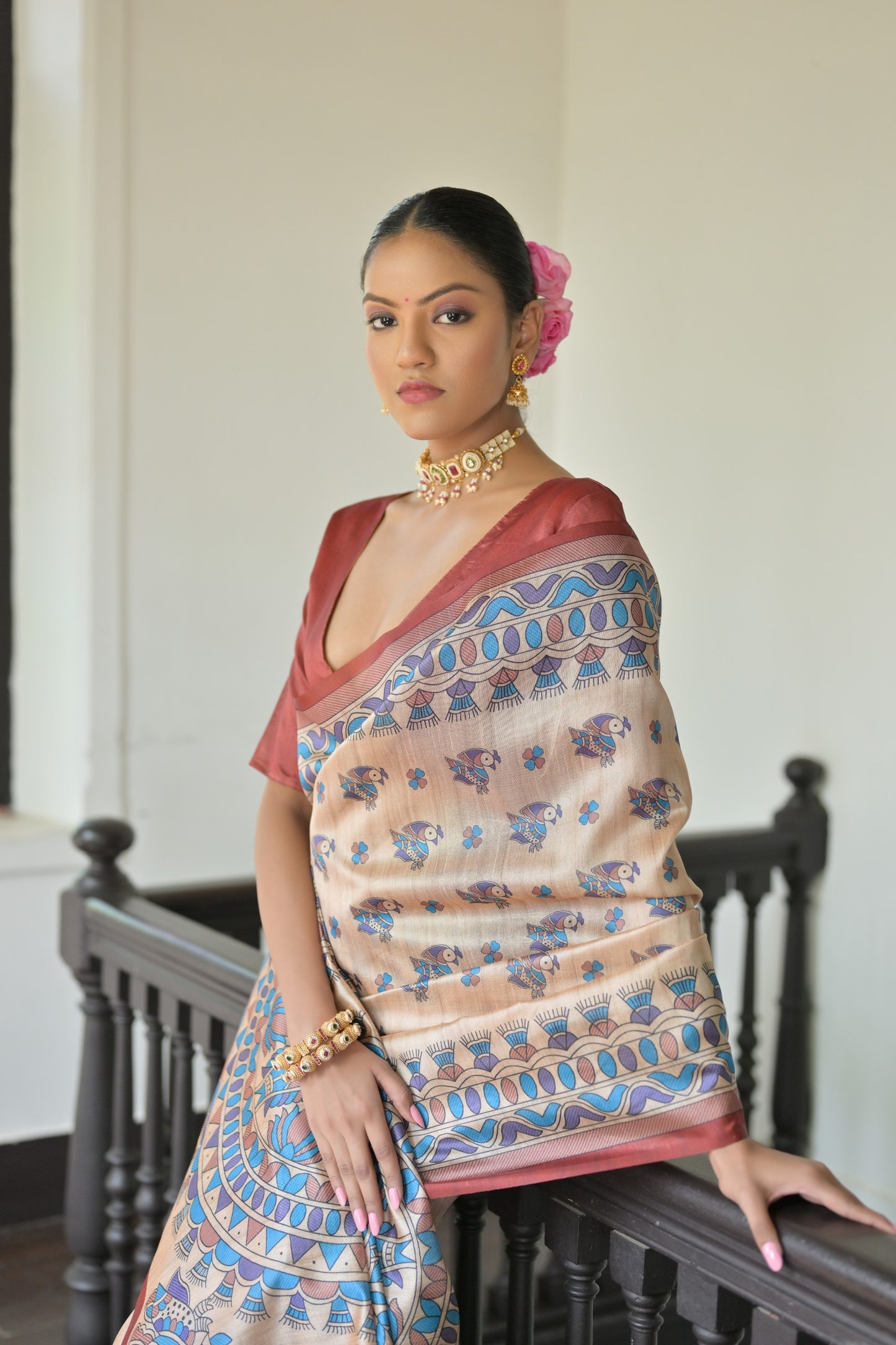 Beige & Red Soft Tussar Silk Madhubani Printed Saree