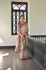 Beige & Wine Soft Tussar Silk Madhubani Printed Saree
