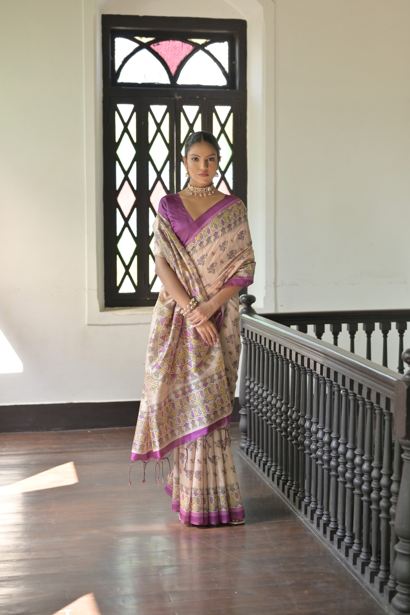 Beige & Wine Soft Tussar Silk Madhubani Printed Saree