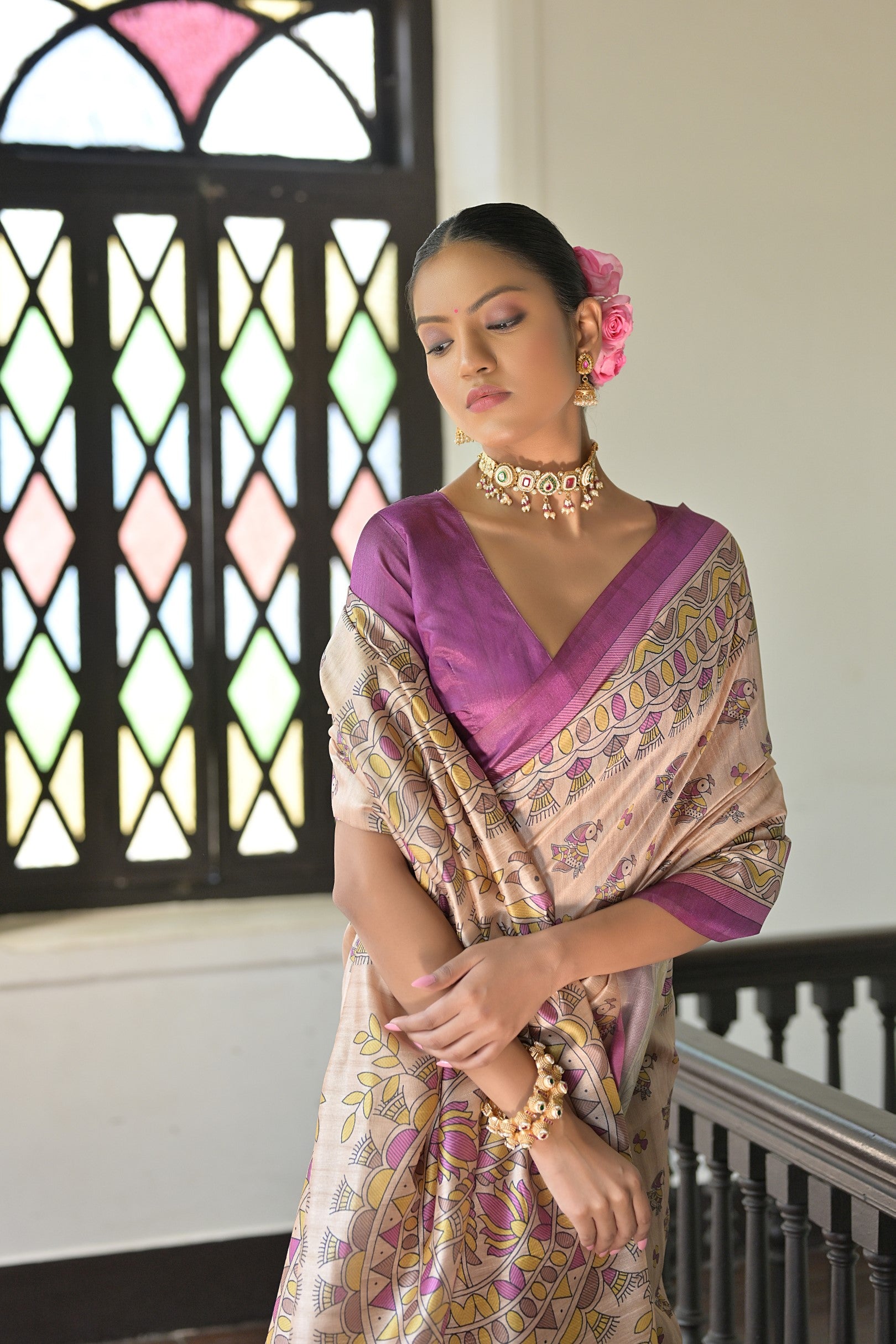 Beige & Wine Soft Tussar Silk Madhubani Printed Saree