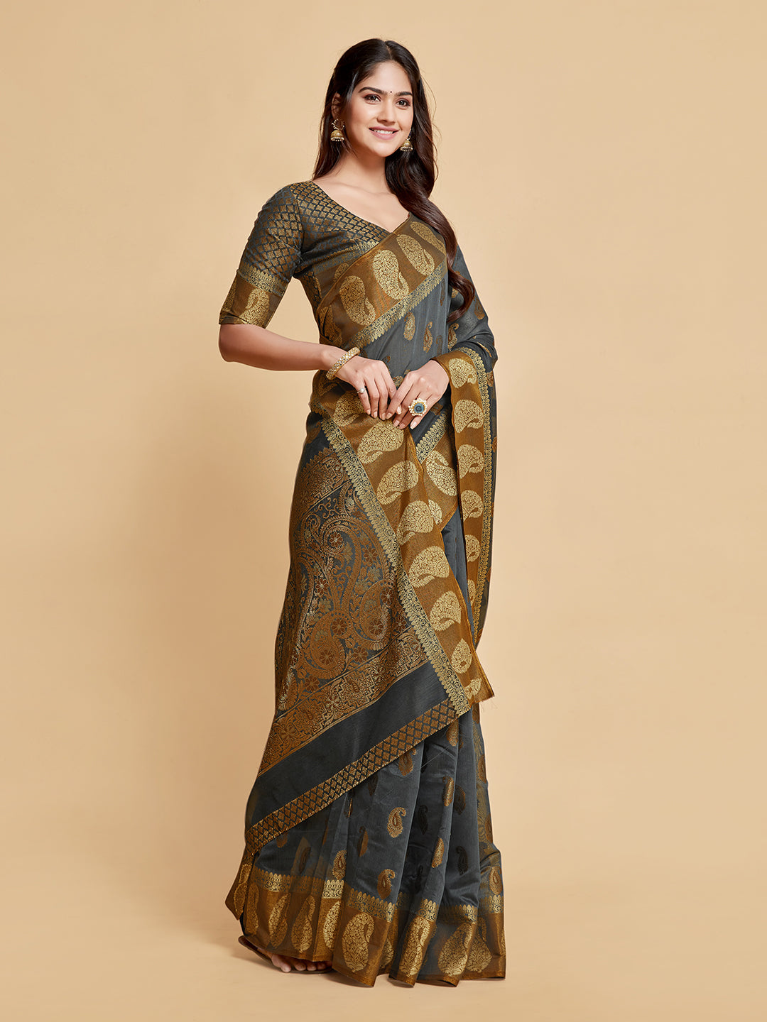 Avantika Gunsmoke Grey Zari Woven Design Chanderi Cotton Saree