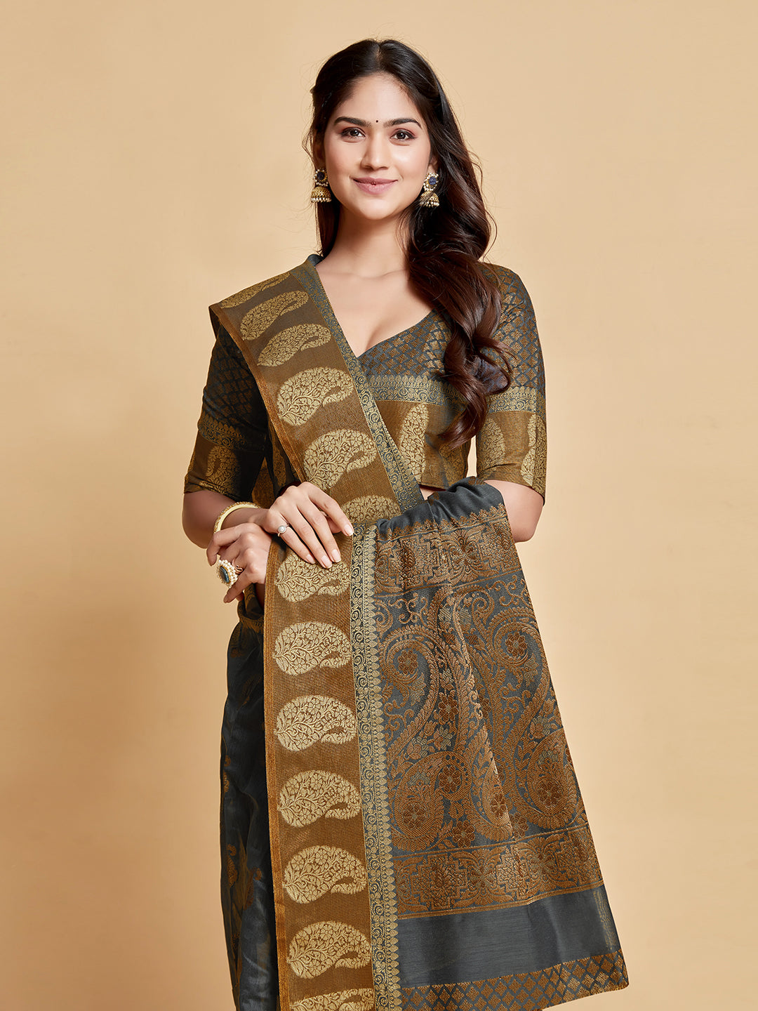 Avantika Gunsmoke Grey Zari Woven Design Chanderi Cotton Saree