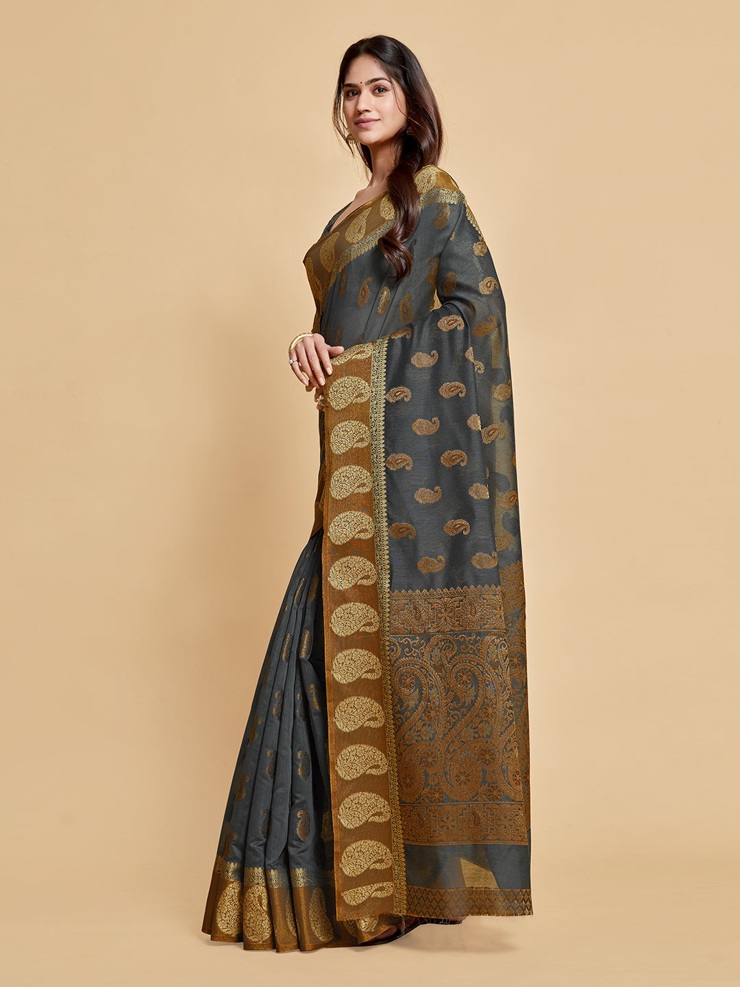 Avantika Gunsmoke Grey Zari Woven Design Chanderi Cotton Saree
