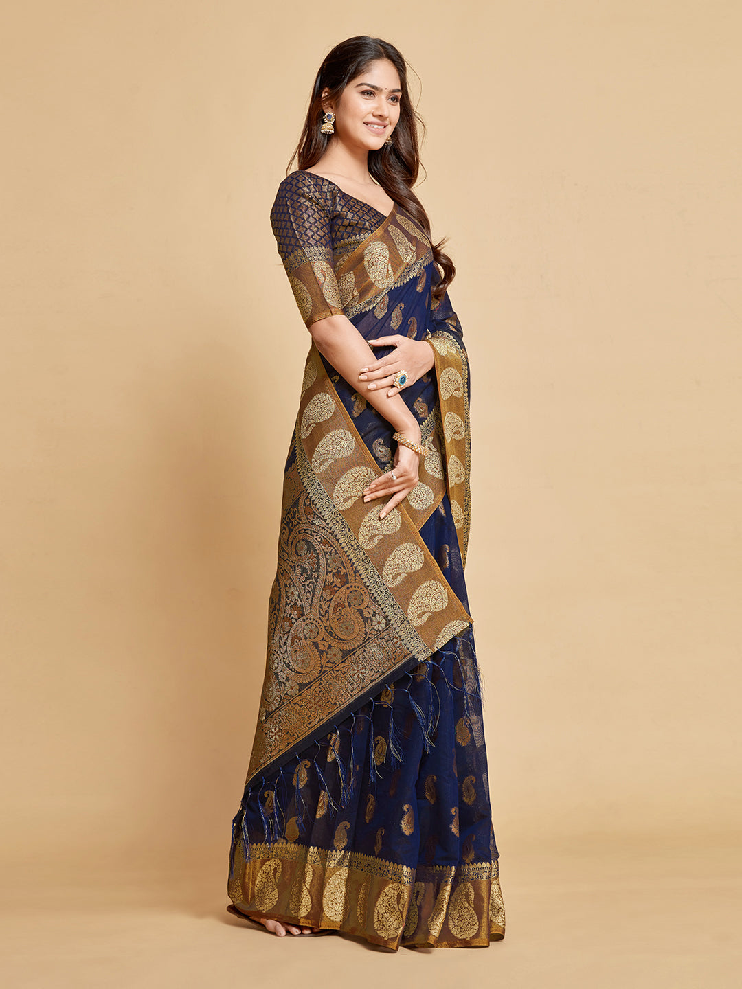Avantika Midnight Blue Zari Woven Design Chanderi Cotton Saree