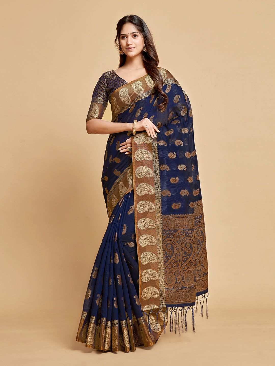 Avantika Midnight Blue Zari Woven Design Chanderi Cotton Saree