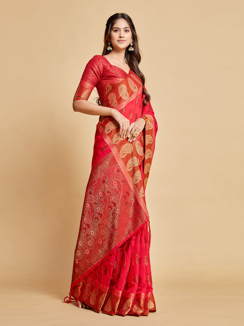 Avantika Fiery Rose Zari Woven Design Chanderi Cotton Saree