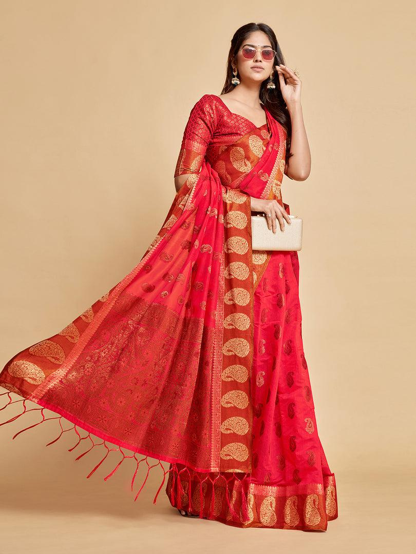 Avantika Fiery Rose Zari Woven Design Chanderi Cotton Saree