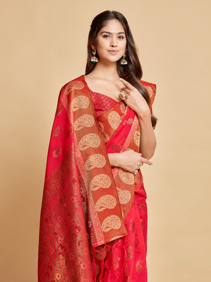 Avantika Fiery Rose Zari Woven Design Chanderi Cotton Saree