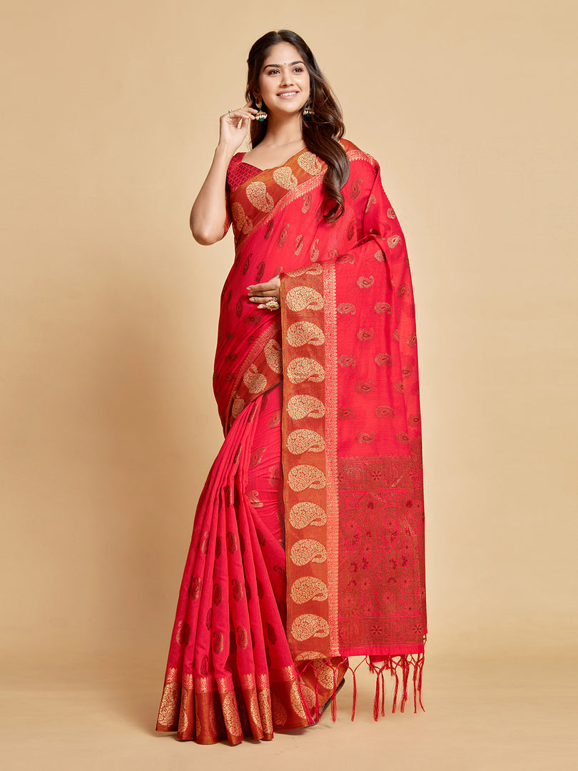 Avantika Fiery Rose Zari Woven Design Chanderi Cotton Saree