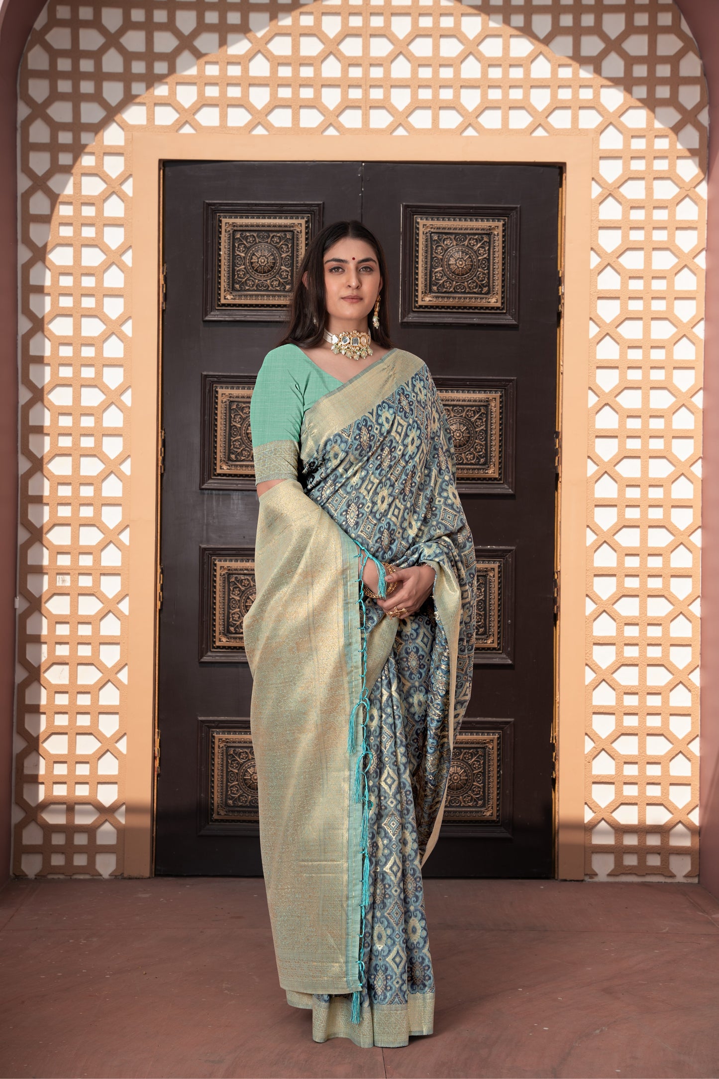 Avika Blue Cotton Ikat Silk Saree