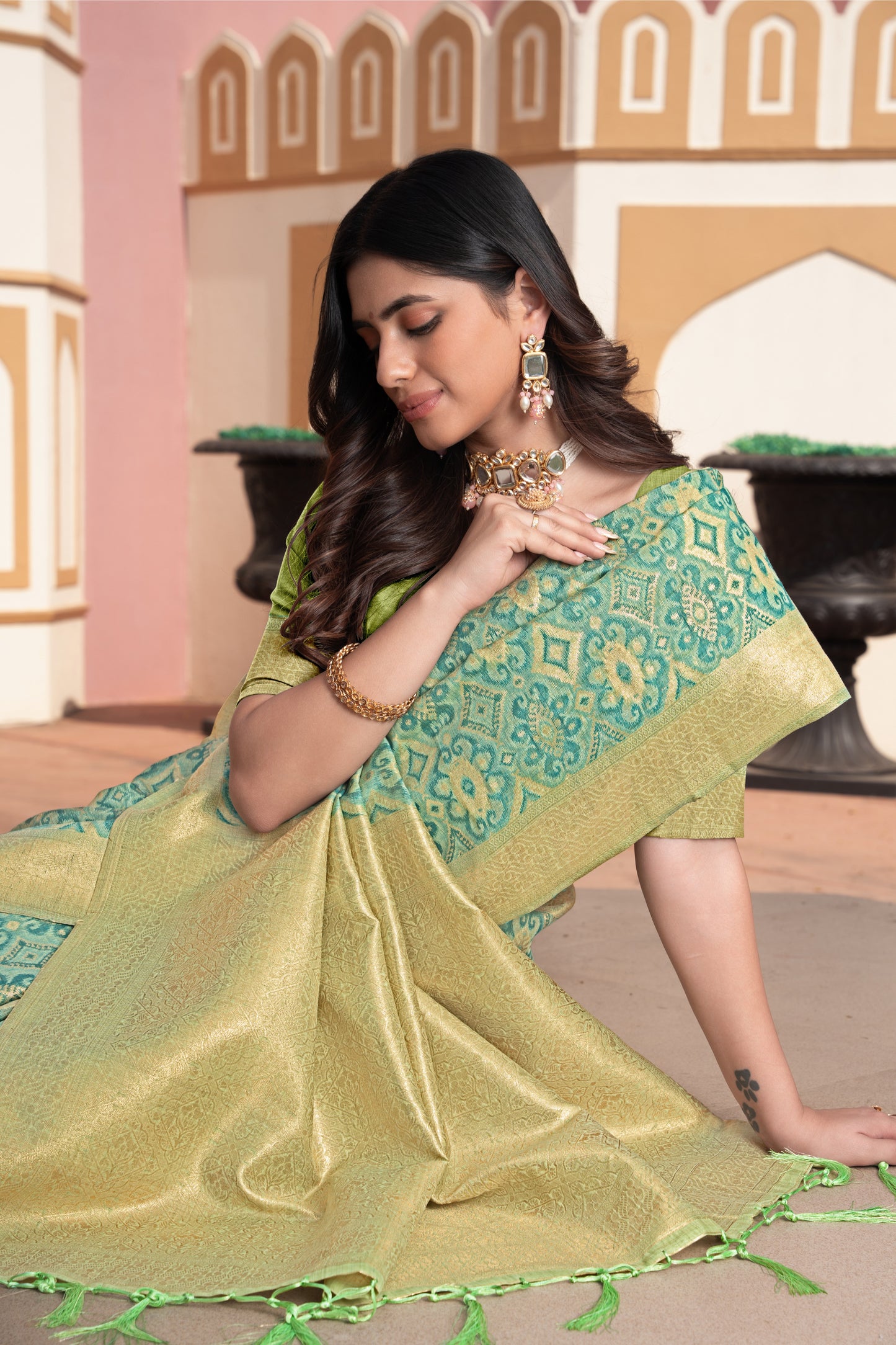 Avika Green Cotton Ikat Silk Saree