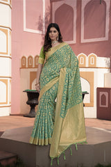 Avika Green Cotton Ikat Silk Saree