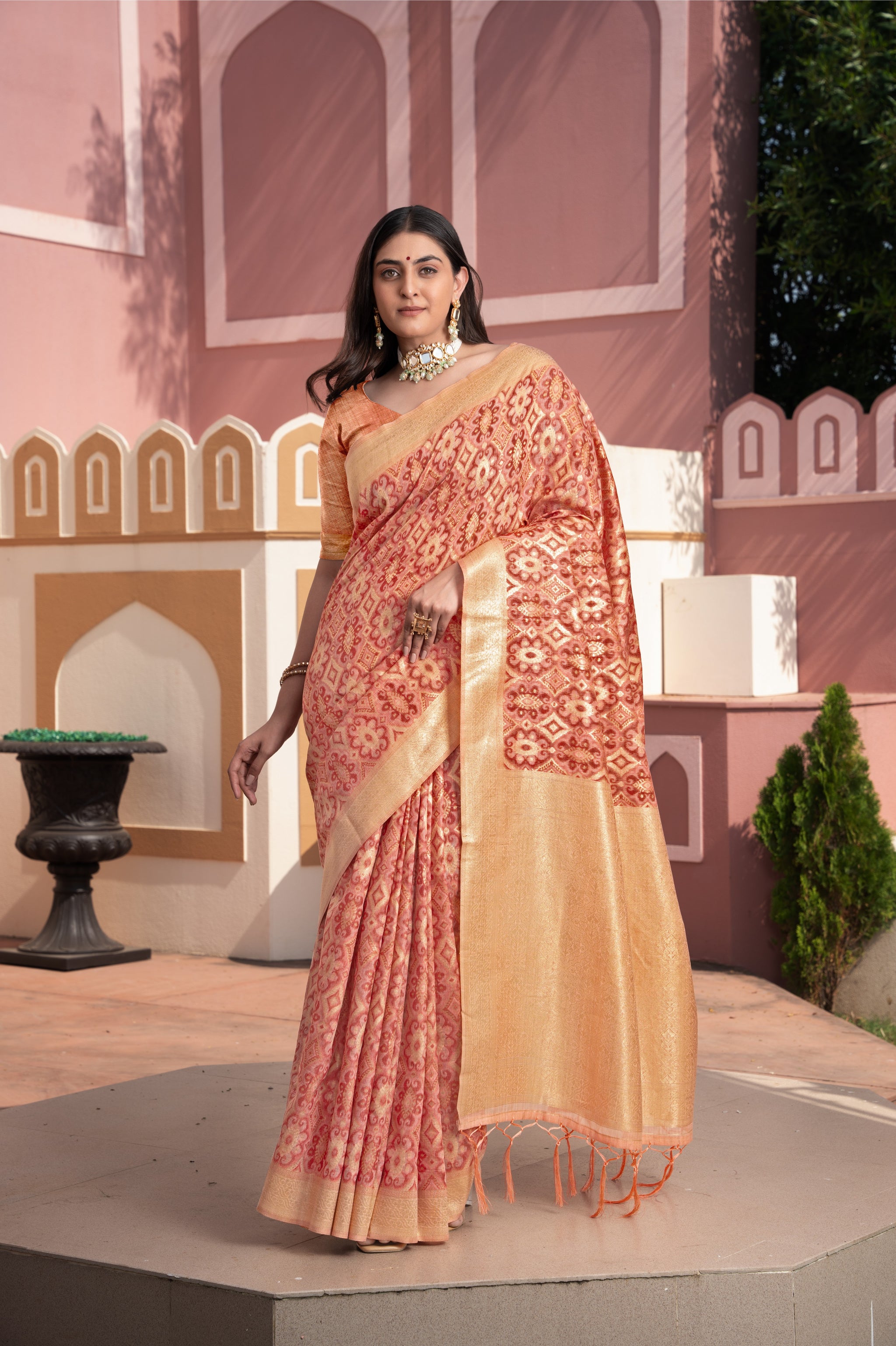 Avika Peach Cotton Ikat Silk Saree