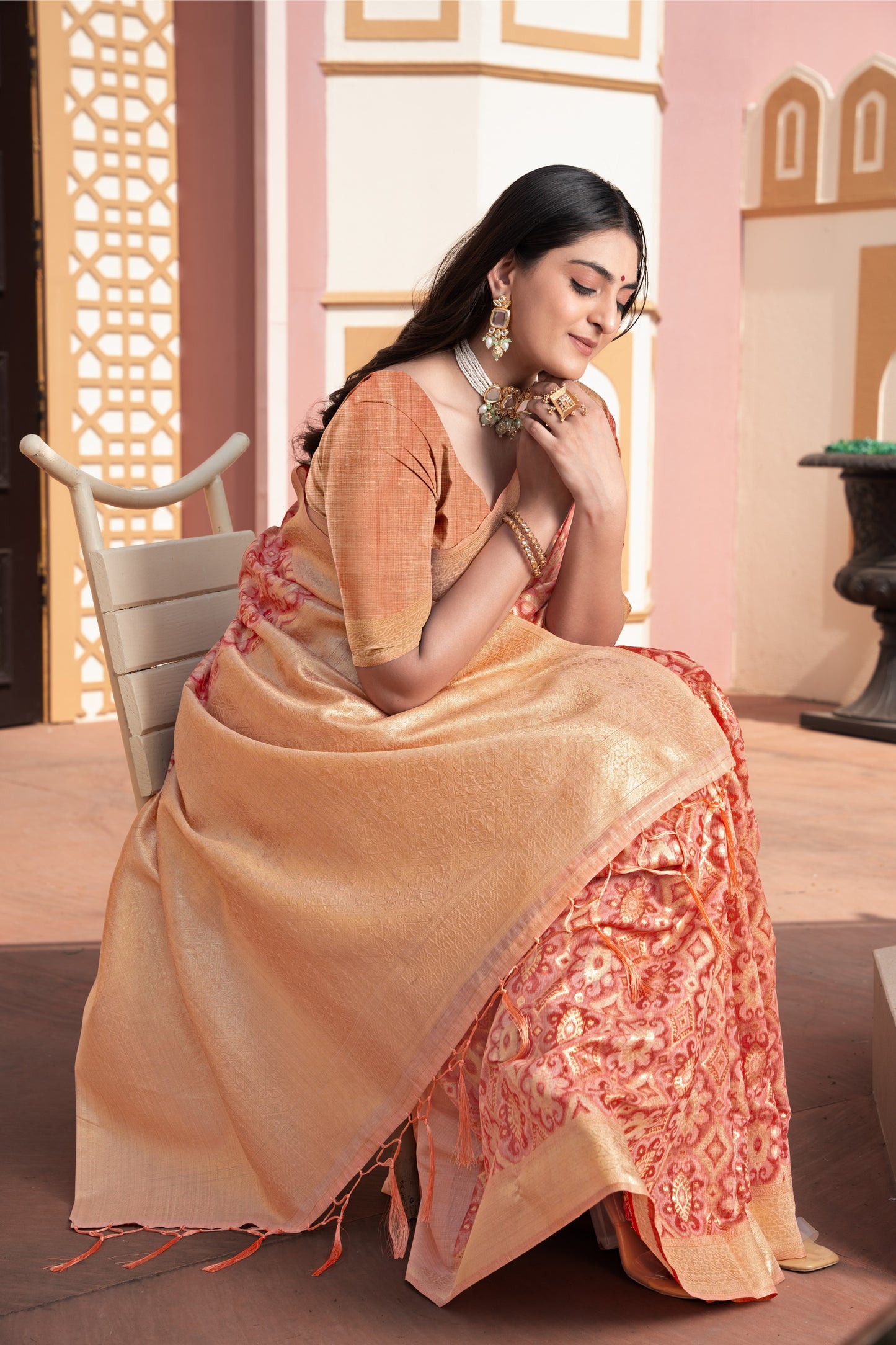 Avika Peach Cotton Ikat Silk Saree